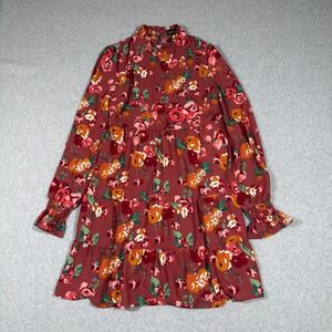 Revamped Floral Tiered Mini Dress Burgundy Long Sleeve Mock Neck L Cottage
